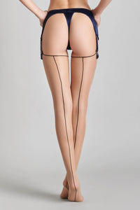 Cut and curled back seamed stockings - Black/Nude 20D