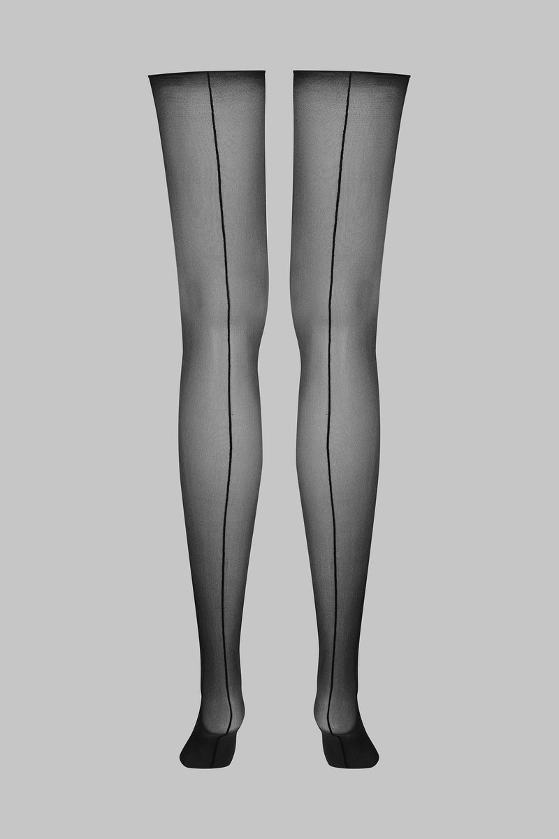 Cut and curled back seamed stockings - Black 20D