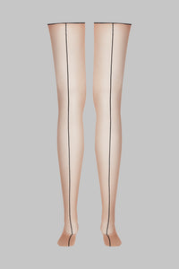 Cut and curled back seamed stockings - Black/Nude 20D