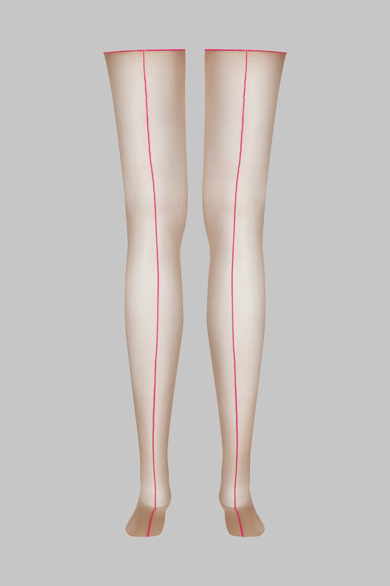 Cut and curled neon seamed stockings - Pink 20D